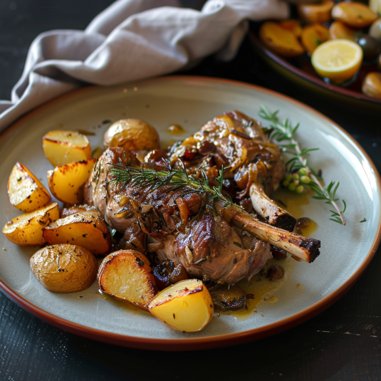 Piatti di carne e verdure con un tostone.