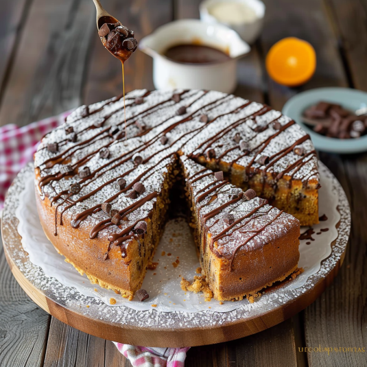 Una torta con caramello e chocolate.