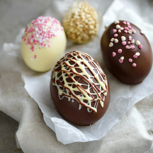 Eggs with chocolate and white toppings.