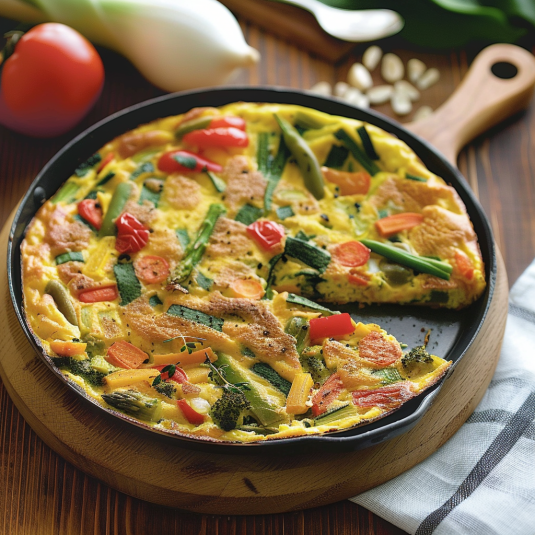 Un piatto di tortilla con verdure e carne.