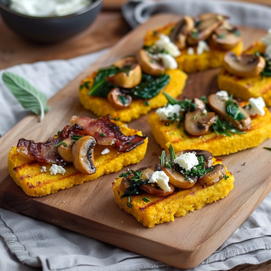 Quattro piatti di patate con mozzarella e foglie verdi.