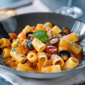 Una ciotola di pasta con verdure e olive.