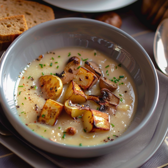 Una ciotola di zuppa con verdure e pane tostato.