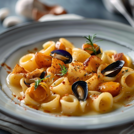Pasta con carne e verdure.