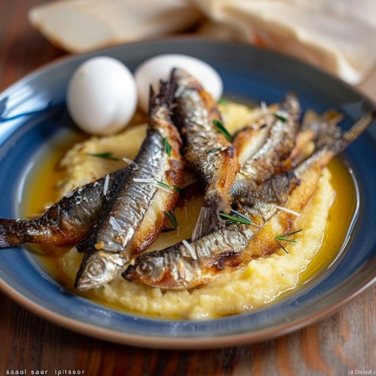 Piatti di pesce con patate e uova.