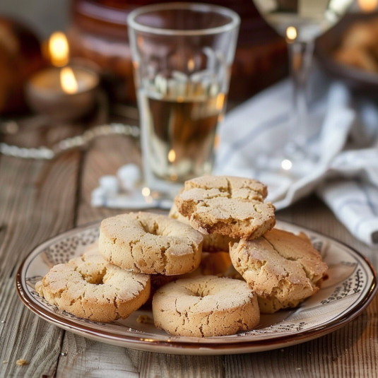 Una tavolata con un piatto di biscotti e un bicchiere di vino.