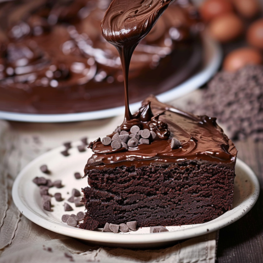 Un boccone di cioccolato con chocolate liquido che cade su di esso.
