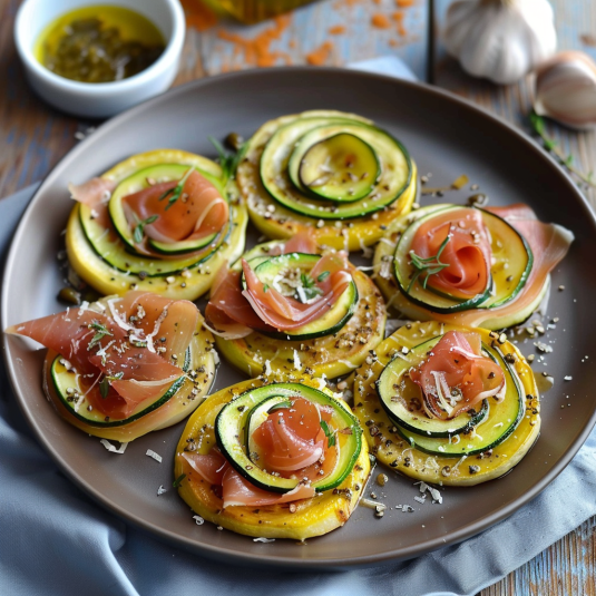 Piatti di zucchini con salmone e noci.