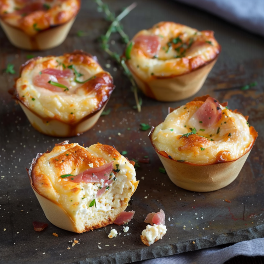Quattro piccole tazze di formaggio e prosciutto.