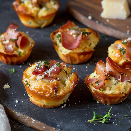 Quattro biscotti con prosciutto e formaggio.