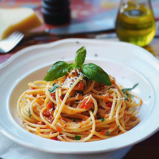 Penne con basilico e formaggio.