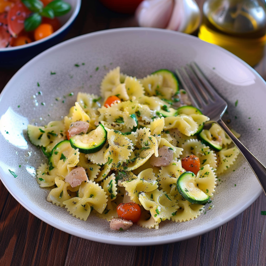 Una tavolata con un piatto di pasta e verdure.