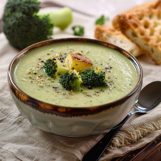 Una tazza di zuppa con verdure.