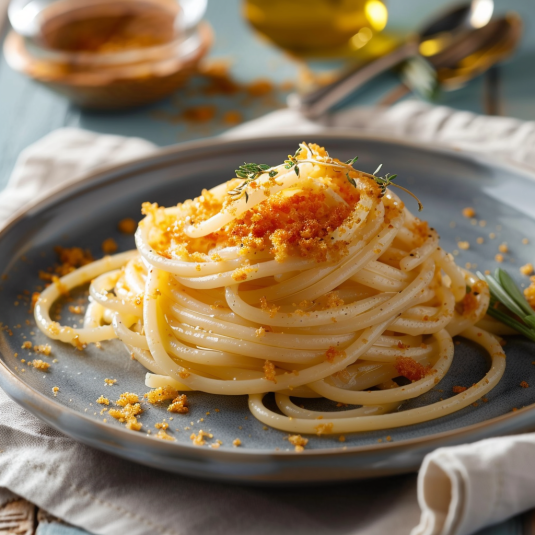 Pasta con sugo di olio e erbe.