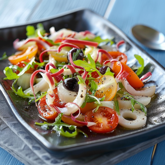 Piatti di verdure con pomodori e olive.
