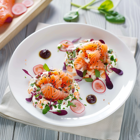 Piatti di salmone con verdure.