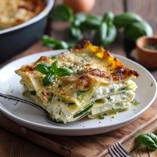 Piatto di lasagna con foglie di basilico.
