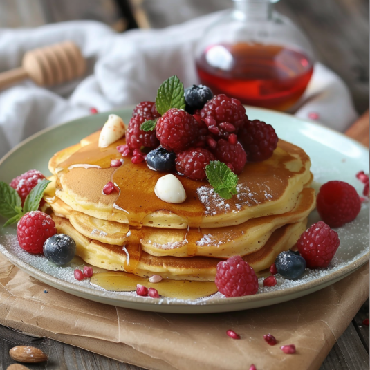 Pancakes con frutta e miele.