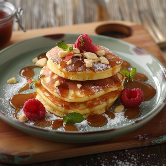 Un piatto di pancakes con frutta e caramello.