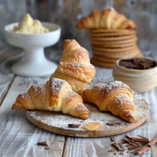 Una tavolata con croissant e cioccolato.