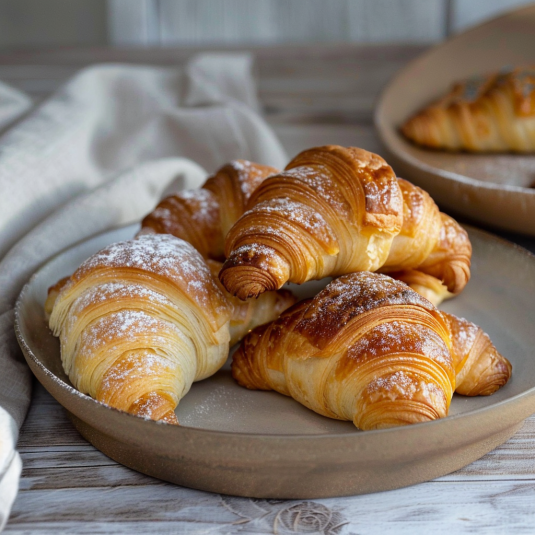 Una tavolata con due piatti di croissant.