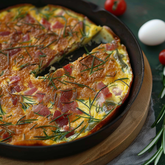 Un piatto di quiche con verdure e prosciutto.