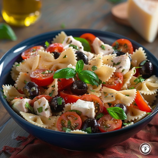 Una ciotola di pasta con verdure e pomodori.