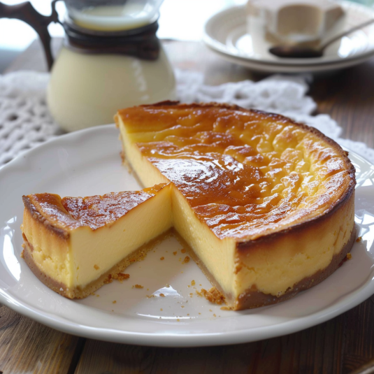 Una fetta di torta con crema e frullato di latte.