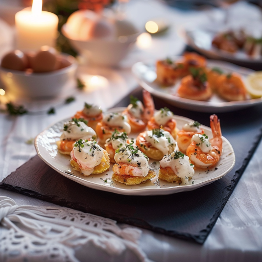 Una tavolata con piatti di frullati e bruschetta.