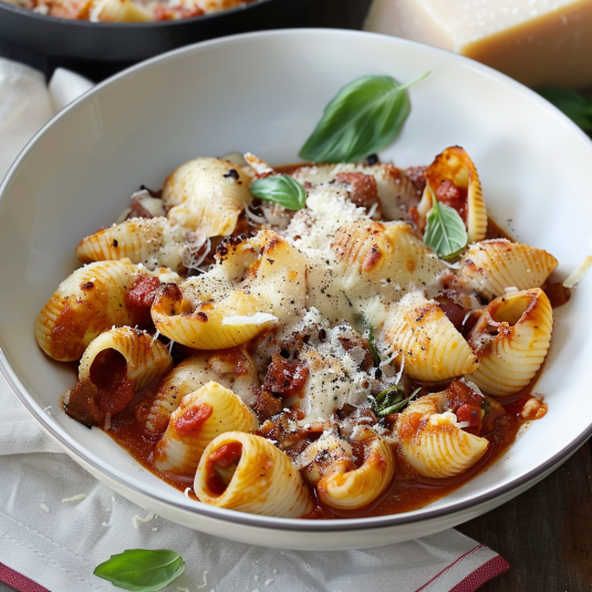 Penne con sugo e formaggio.