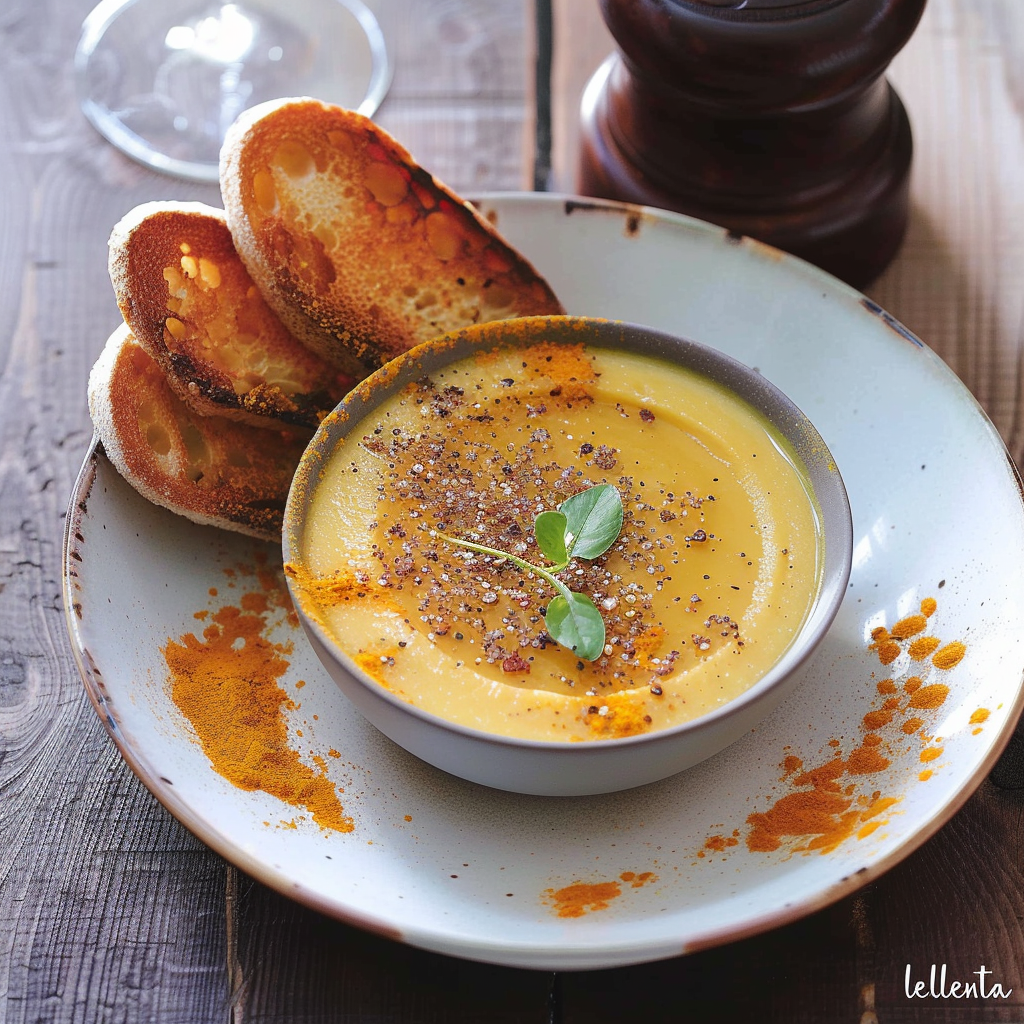 Una tazza di zuppa con pane tostato e erbe.