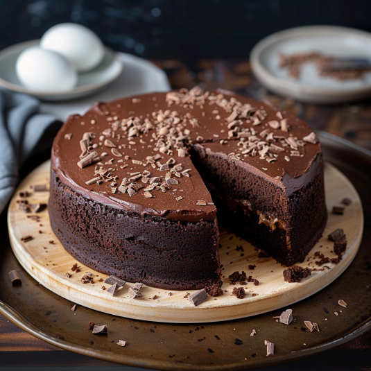Una torta di cioccolato con chocolate e nocciole.