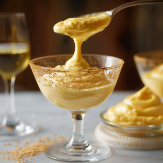 Una tazza di crema con un cucchiaino in mezzo.