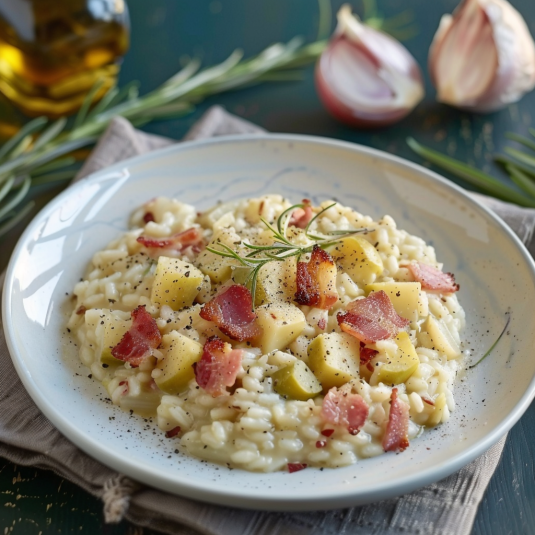 Una tavolata con un piatto di riso e bacon.