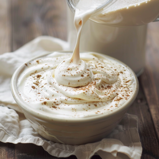 Un bicchiere di crema con un fiocco di zucchero su di esso.