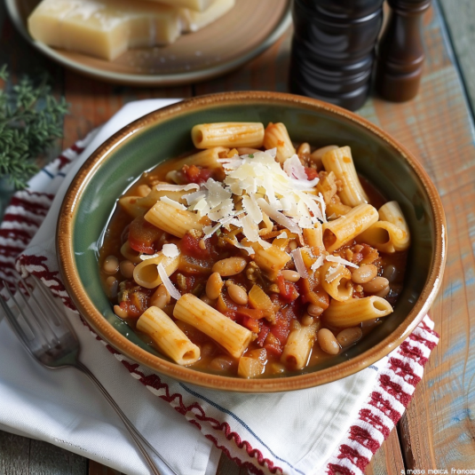 Una tazza con pasta e fagioli.