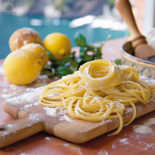 Penne con le spezie, le limette e le foglie.