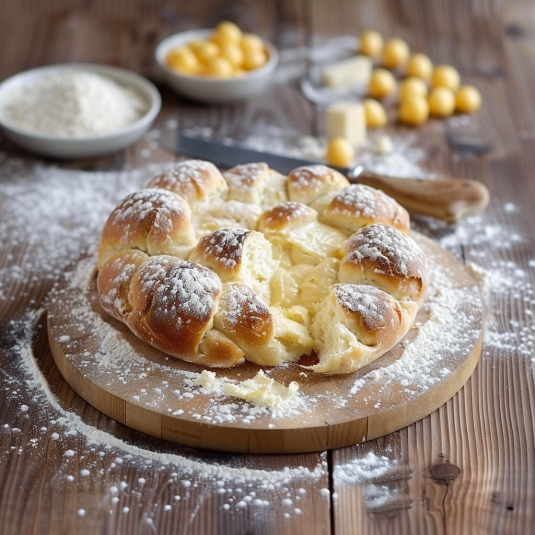 Una tavolata con un dolce a forma di spirale.