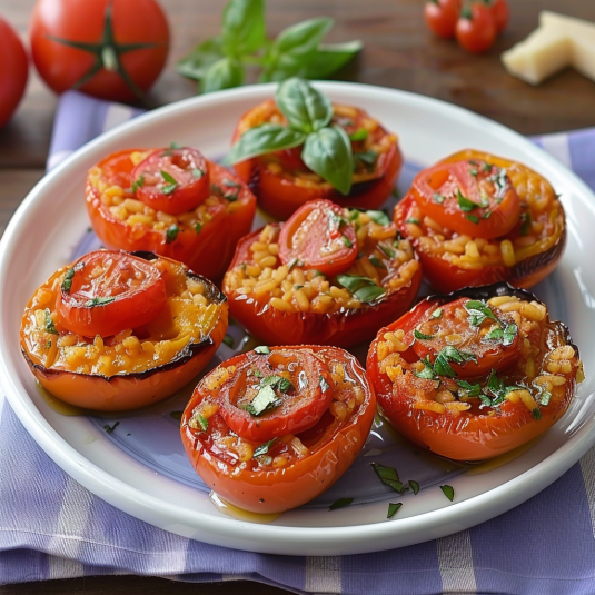 Piatti di pomodori con basilico e riso.