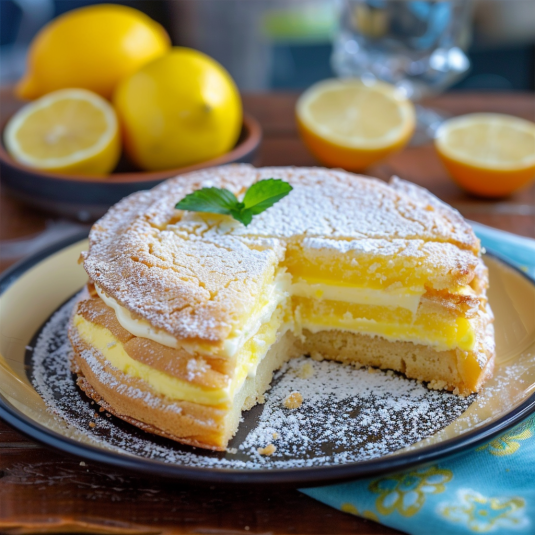 Una torta con frullato di limone e zucchero.