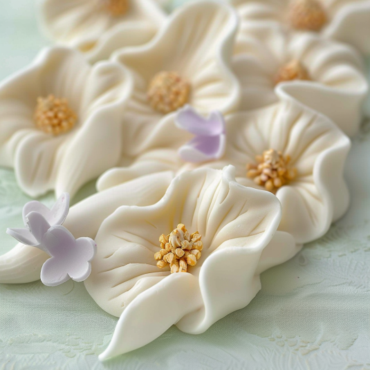 Fiori di ceramica con petali bianchi e gialli.