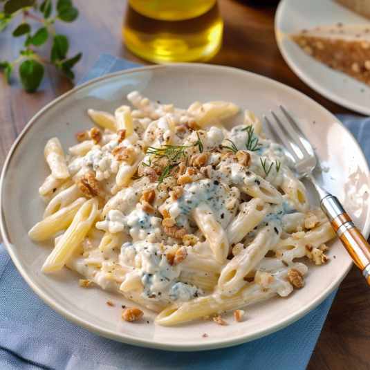 Penne con formaggio e noci.