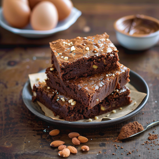 Un piatto di brownie con nocciole e noci.