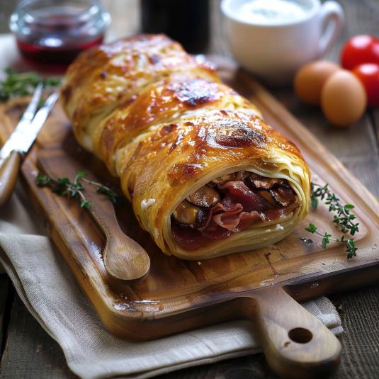 Un pane di formaggio con prosciutto e mushroom.