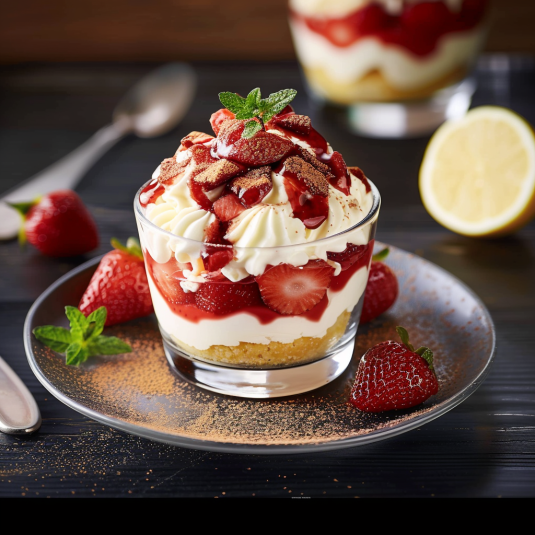 Un bicchiere di crema con frullato di strawberry e crema.