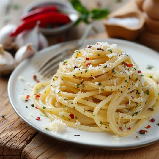Penne con peperoncini e basilico.