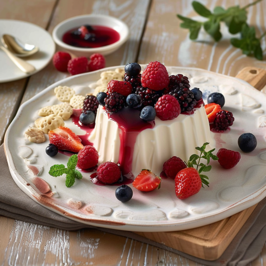 Tavolino con piatti di frutta e dolci.