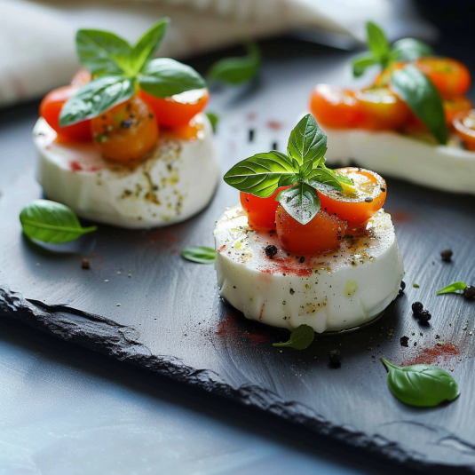 Due piatti di bruschetta con pomodori e basilico.