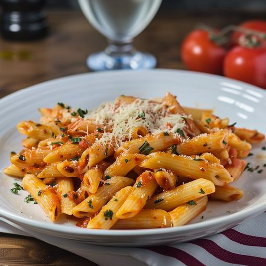 Penne con tomate e formaggio.