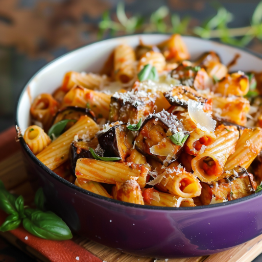 Penne con verdure e formaggio in un piatto.